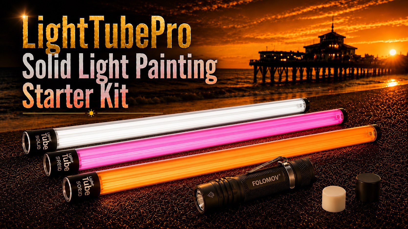 LightTubePro Solid Light Painting Starter Kit met drie tubes, zaklamp en twee doppen
