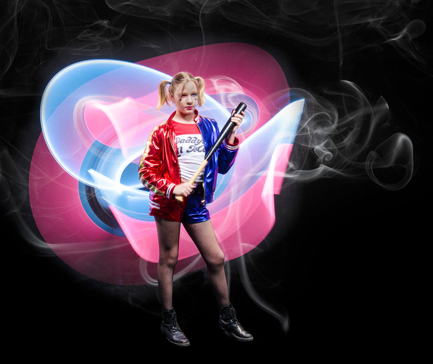 Girl Harley Quinn portrait with tube light painting