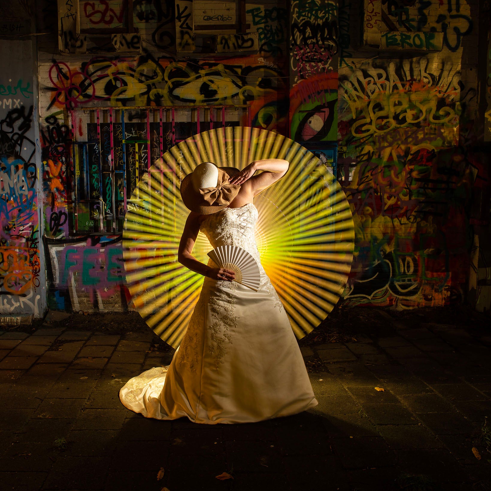 urban light painting with bride photography