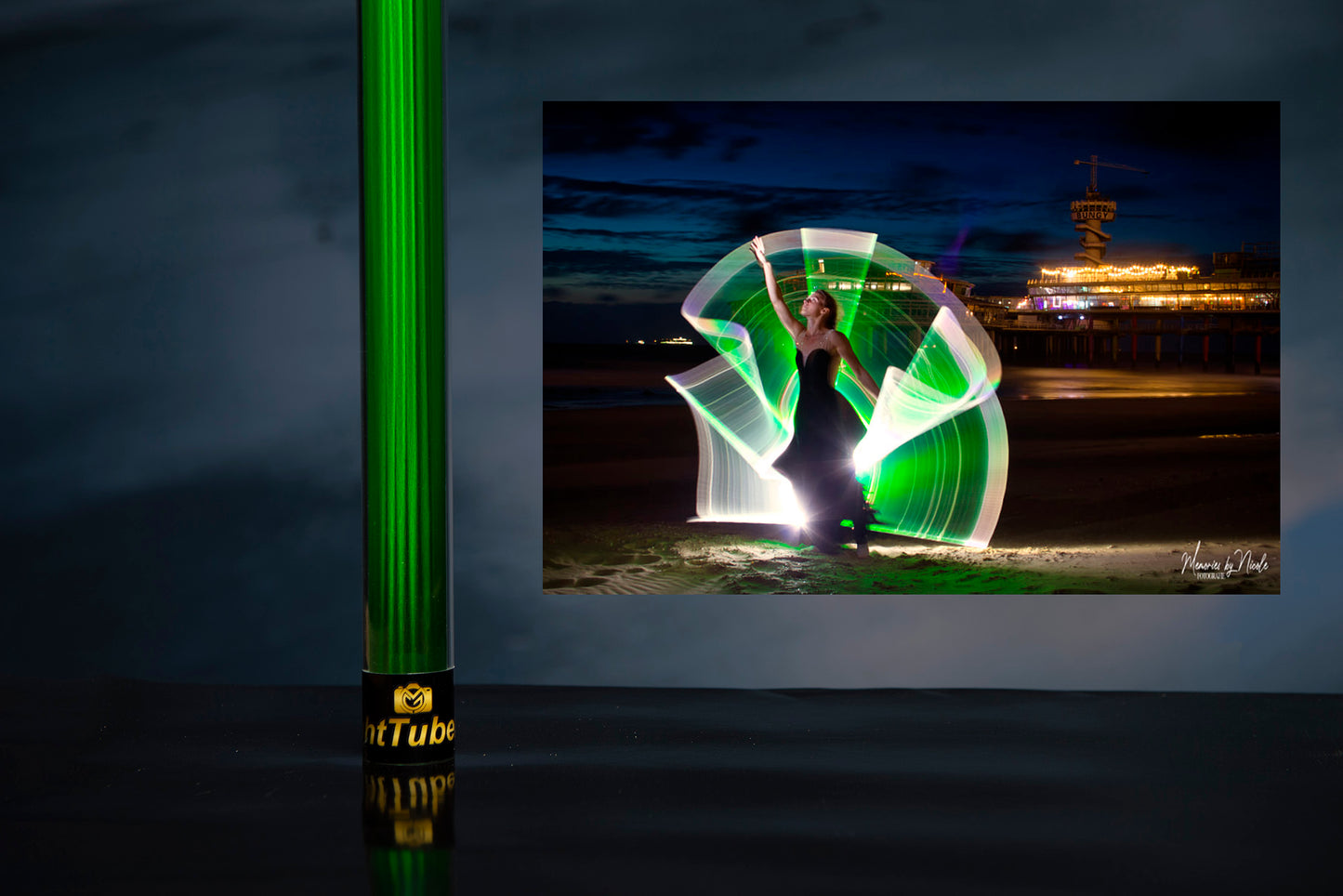 Light painting on the beach with norther light tube photography